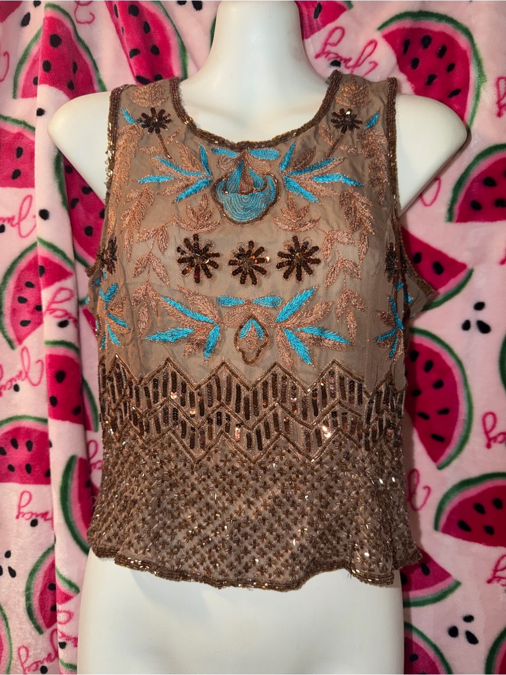 🤎🩵 Vintage Silk Beaded Embroidered Tank Top
